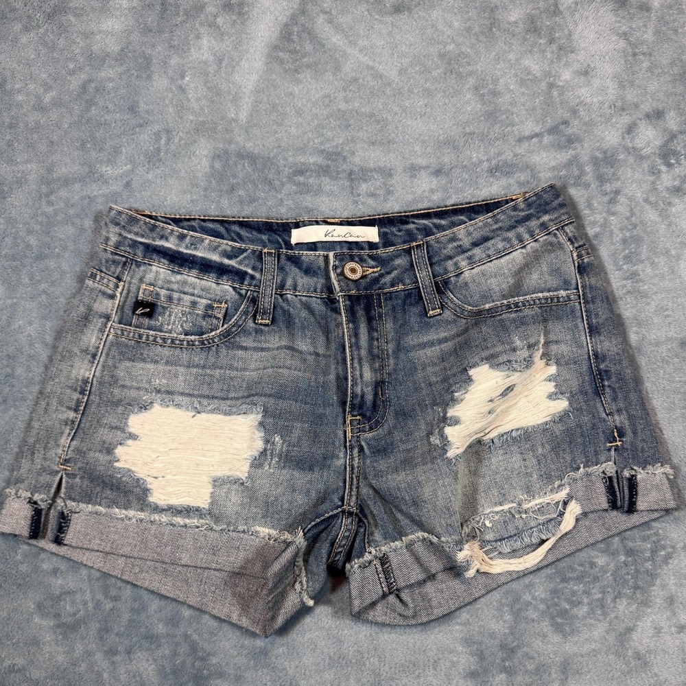 KanCan Distressed Denim Shorts S Blue High Rise Frayed Hem